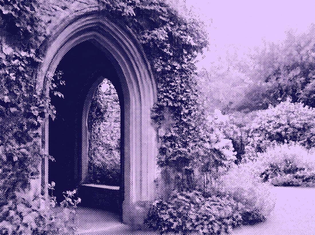 Halftone illustration of an archway opening onto a garden