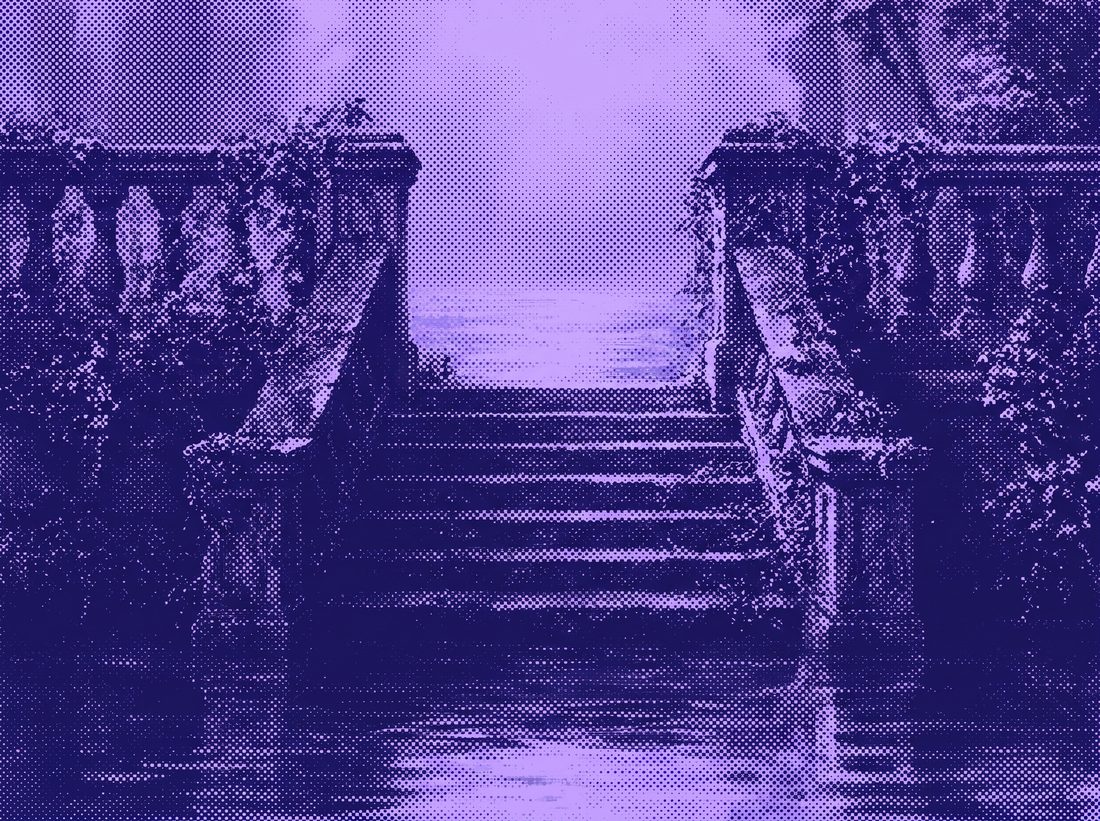 Halftone illustration of a stone stairway descending to water