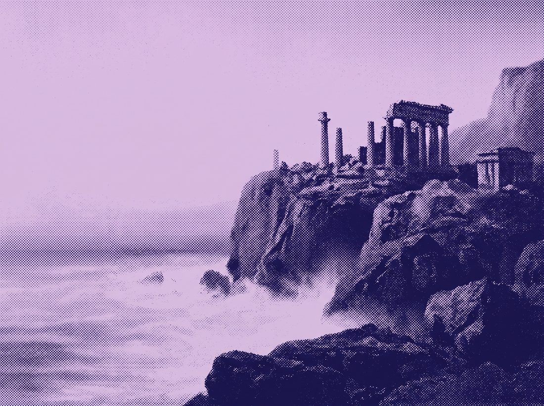Halftone illustration of temple ruins above a hazy sea